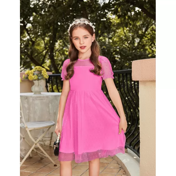 Arshiner Girls Dress Contrast Mesh Puffy Short Sleeve A Line Casual Party Dress 3-12 Years
