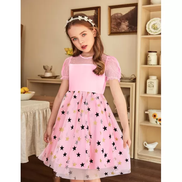 Arshiner Girls Dress Contrast Mesh Puffy Short Sleeve A Line Casual Party Dress 3-12 Years