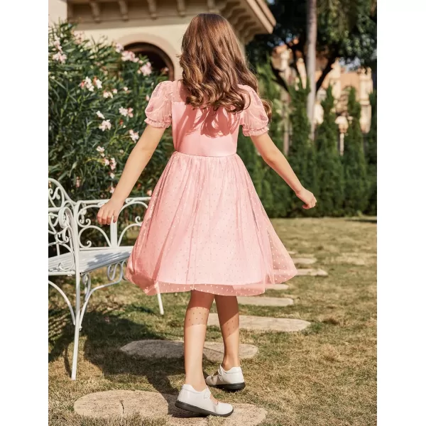 Arshiner Girls Dress Contrast Mesh Puffy Short Sleeve A Line Casual Party Dress 3-12 Years