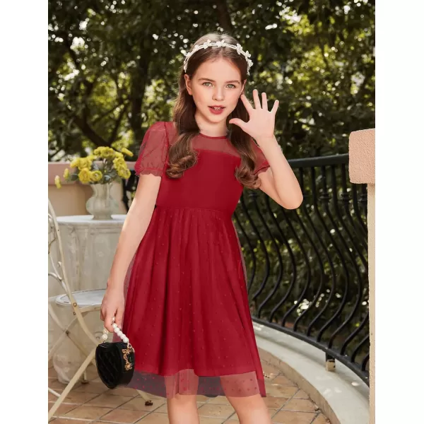 Arshiner Girls Dress Contrast Mesh Puffy Short Sleeve A Line Casual Party Dress 3-12 Years