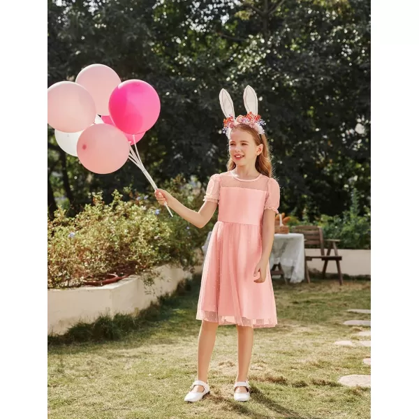 Arshiner Girls Dress Contrast Mesh Puffy Short Sleeve A Line Casual Party Dress 3-12 Years