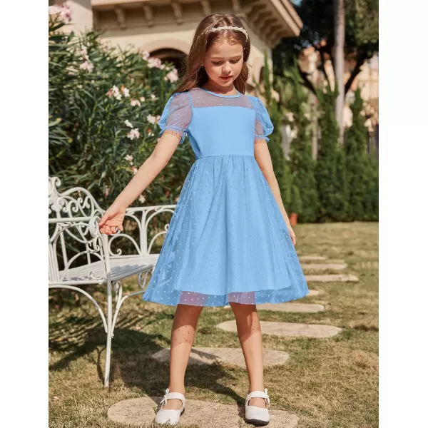Arshiner Girls Dress Contrast Mesh Puffy Short Sleeve A Line Casual Party Dress 3-12 Years