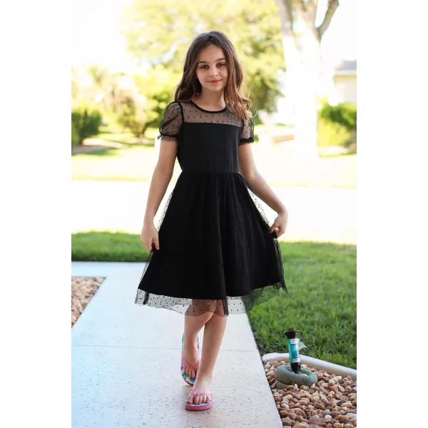Arshiner Girls Dress Contrast Mesh Puffy Short Sleeve A Line Casual Party Dress 3-12 Years