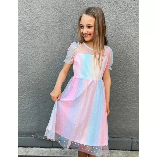 Arshiner Girls Dress Contrast Mesh Puffy Short Sleeve A Line Casual Party Dress 3-12 Years