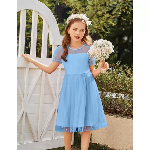 Arshiner Girls Dress Contrast Mesh Puffy Short Sleeve A Line Casual Party Dress 3-12 Years