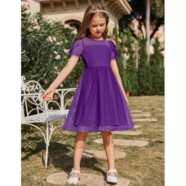 Arshiner Girls Dress Contrast Mesh Puffy Short Sleeve A Line Casual Party Dress 3-12 Years