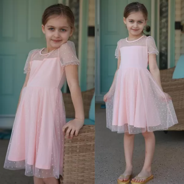Arshiner Girls Dress Contrast Mesh Puffy Short Sleeve A Line Casual Party Dress 3-12 Years