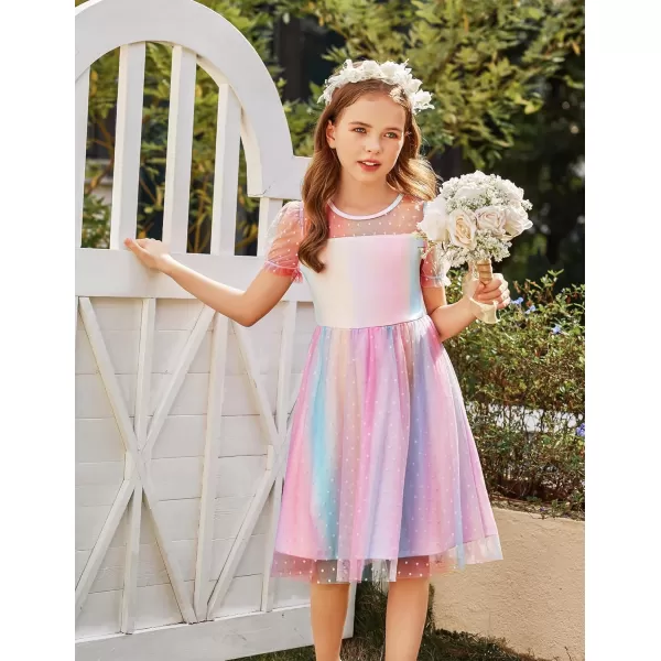 Arshiner Girls Dress Contrast Mesh Puffy Short Sleeve A Line Casual Party Dress 3-12 Years