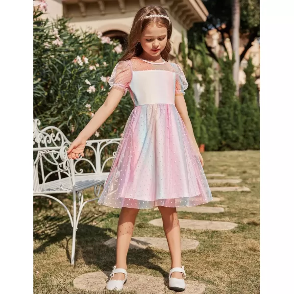Arshiner Girls Dress Contrast Mesh Puffy Short Sleeve A Line Casual Party Dress 3-12 Years