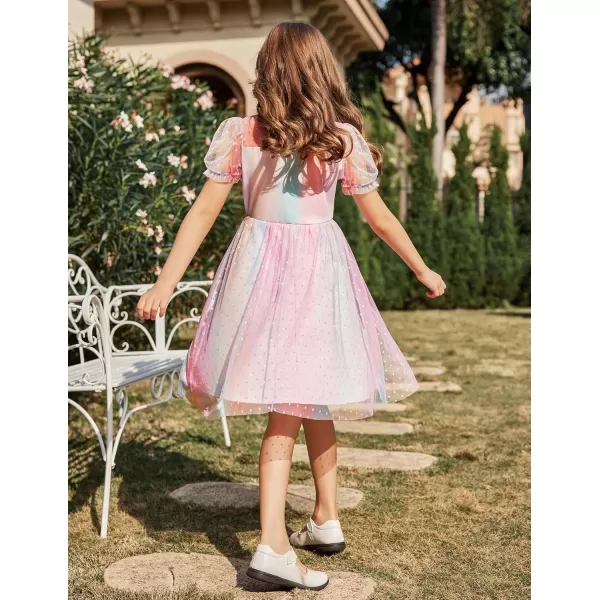 Arshiner Girls Dress Contrast Mesh Puffy Short Sleeve A Line Casual Party Dress 3-12 Years