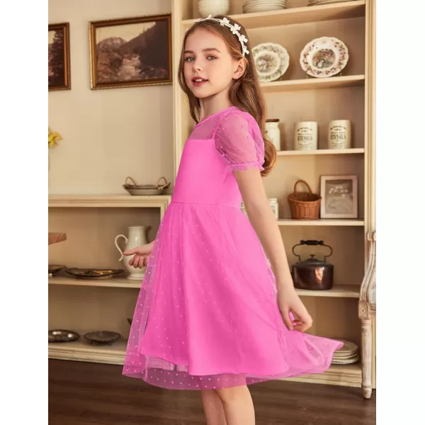 Arshiner Girls Dress Contrast Mesh Puffy Short Sleeve A Line Casual Party Dress 3-12 Years