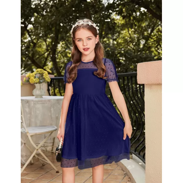 Arshiner Girls Dress Contrast Mesh Puffy Short Sleeve A Line Casual Party Dress 3-12 Years