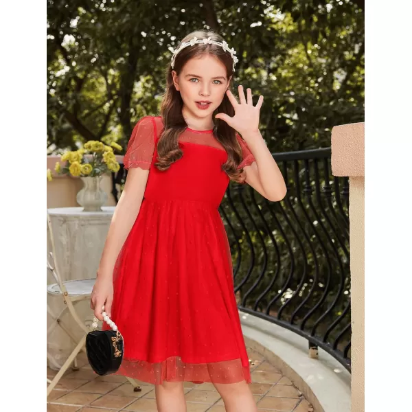 Arshiner Girls Dress Contrast Mesh Puffy Short Sleeve A Line Casual Party Dress 3-12 Years