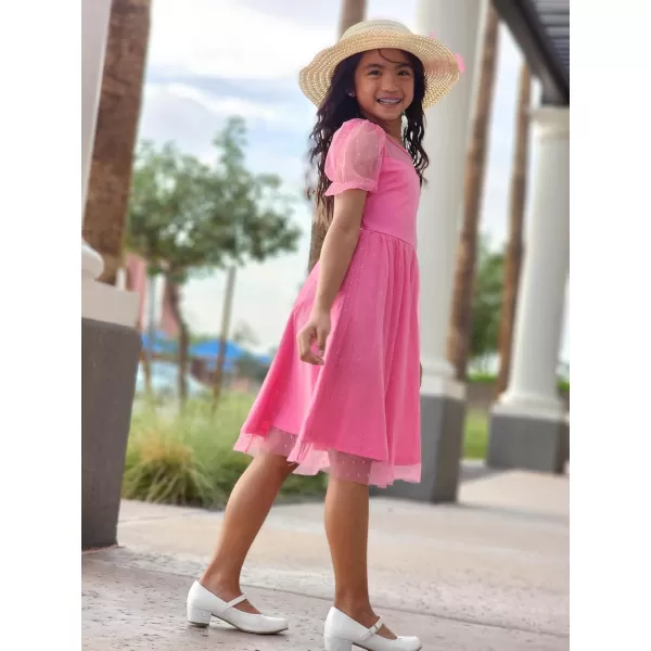 Arshiner Girls Dress Contrast Mesh Puffy Short Sleeve A Line Casual Party Dress 3-12 Years