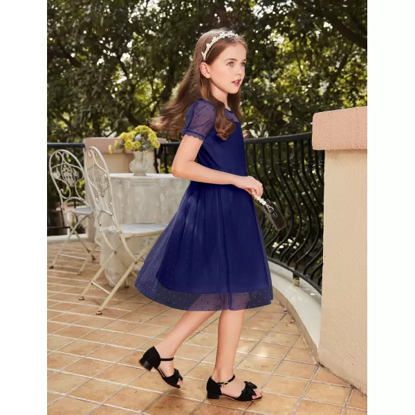 Arshiner Girls Dress Contrast Mesh Puffy Short Sleeve A Line Casual Party Dress 3-12 Years