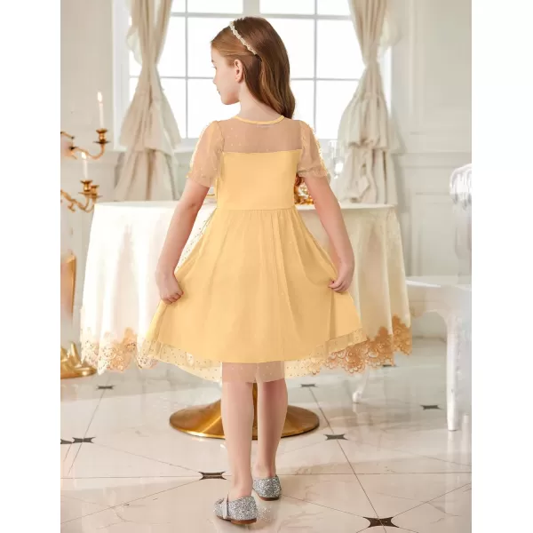 Arshiner Girls Dress Contrast Mesh Puffy Short Sleeve A Line Casual Party Dress 3-12 Years