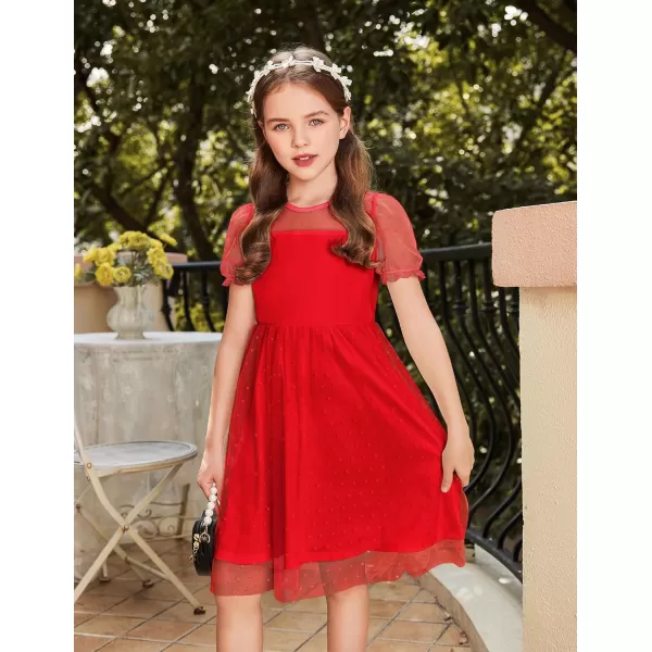Arshiner Girls Dress Contrast Mesh Puffy Short Sleeve A Line Casual Party Dress 3-12 Years