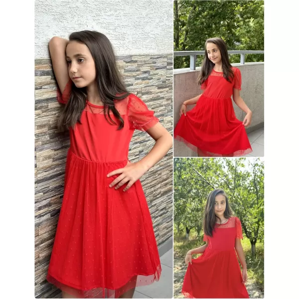 Arshiner Girls Dress Contrast Mesh Puffy Short Sleeve A Line Casual Party Dress 3-12 Years
