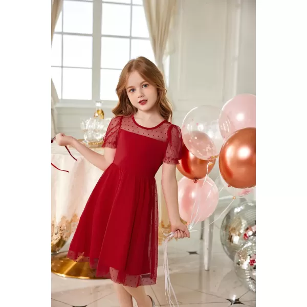 Arshiner Girls Dress Contrast Mesh Puffy Short Sleeve A Line Casual Party Dress 3-12 Years