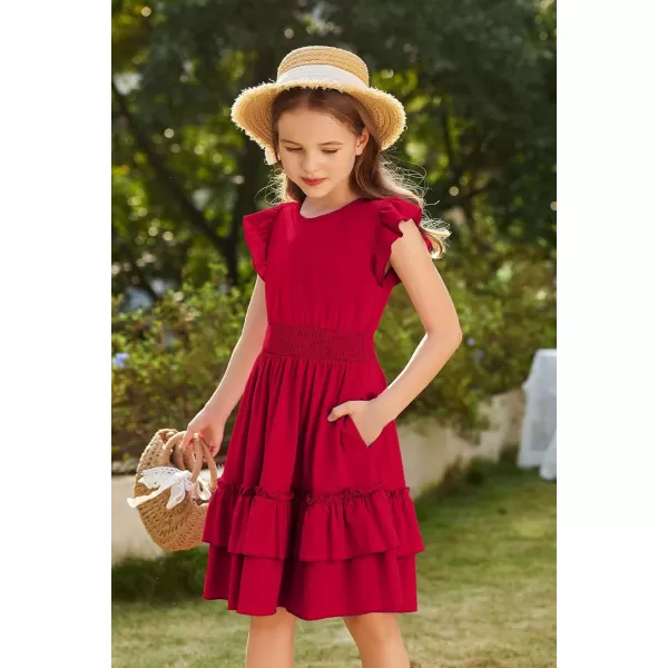 Arshiner Girls Dresses Flutter Sleeve A-Line Sundress Casual Summer Tiered Swing Midi Pocket Dress