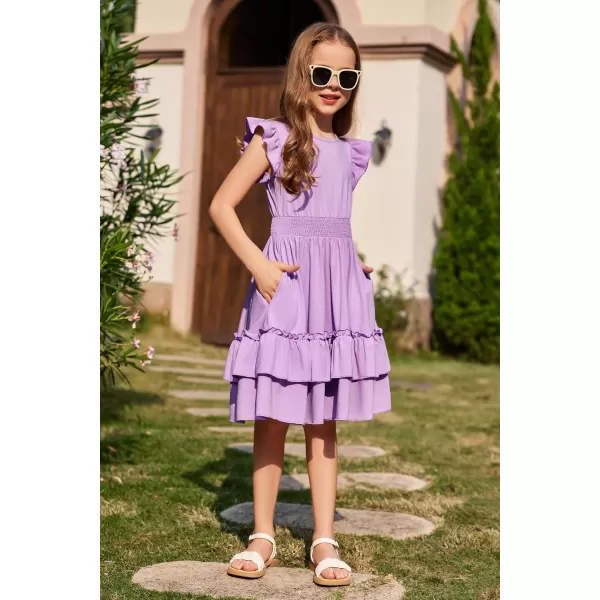 Arshiner Girls Dresses Flutter Sleeve A-Line Sundress Casual Summer Tiered Swing Midi Pocket Dress