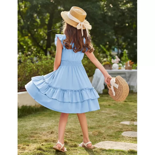 Arshiner Girls Dresses Flutter Sleeve A-Line Sundress Casual Summer Tiered Swing Midi Pocket Dress