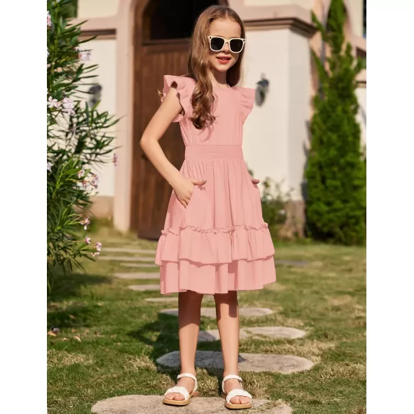 Arshiner Girls Dresses Flutter Sleeve A-Line Sundress Casual Summer Tiered Swing Midi Pocket Dress
