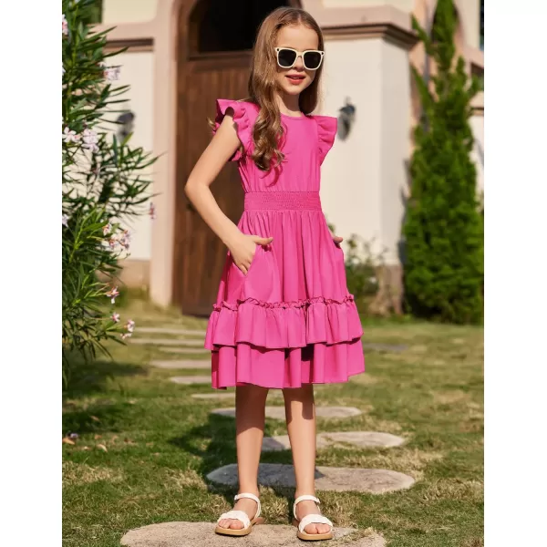 Arshiner Girls Dresses Flutter Sleeve A-Line Sundress Casual Summer Tiered Swing Midi Pocket Dress