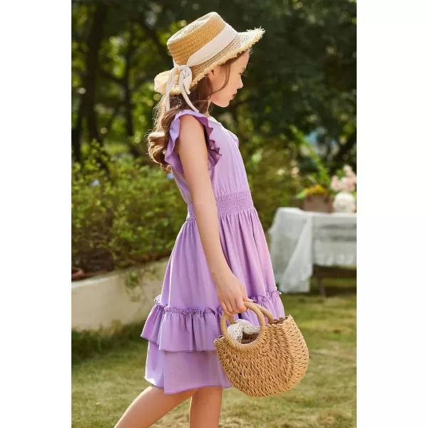Arshiner Girls Dresses Flutter Sleeve A-Line Sundress Casual Summer Tiered Swing Midi Pocket Dress
