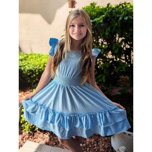 Arshiner Girls Dresses Flutter Sleeve A-Line Sundress Casual Summer Tiered Swing Midi Pocket Dress