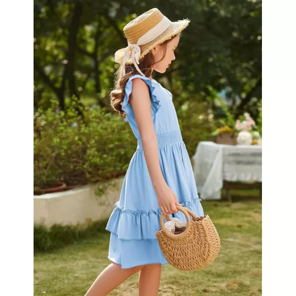 Arshiner Girls Dresses Flutter Sleeve A-Line Sundress Casual Summer Tiered Swing Midi Pocket Dress