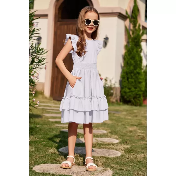 Arshiner Girls Dresses Flutter Sleeve A-Line Sundress Casual Summer Tiered Swing Midi Pocket Dress