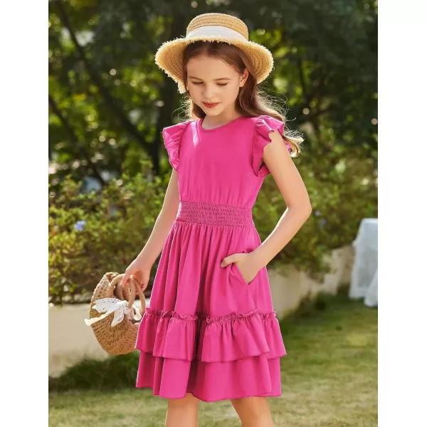 Arshiner Girls Dresses Flutter Sleeve A-Line Sundress Casual Summer Tiered Swing Midi Pocket Dress