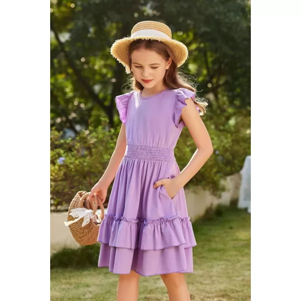 Arshiner Girls Dresses Flutter Sleeve A-Line Sundress Casual Summer Tiered Swing Midi Pocket Dress