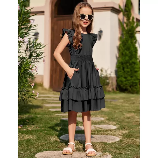 Arshiner Girls Dresses Flutter Sleeve A-Line Sundress Casual Summer Tiered Swing Midi Pocket Dress