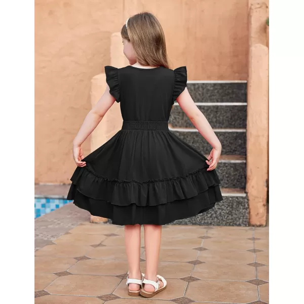 Arshiner Girls Dresses Flutter Sleeve A-Line Sundress Casual Summer Tiered Swing Midi Pocket Dress