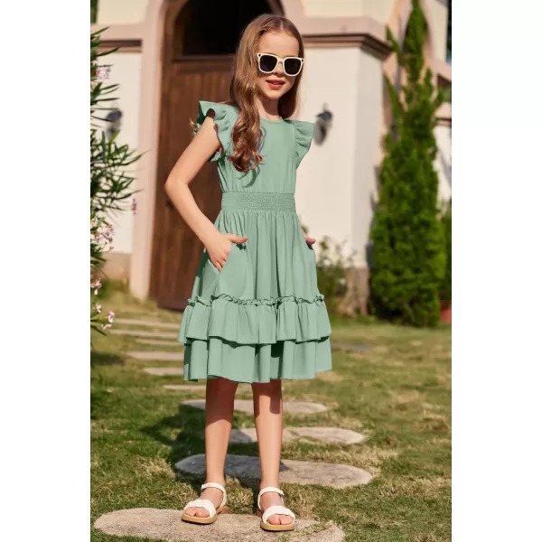 Arshiner Girls Dresses Flutter Sleeve A-Line Sundress Casual Summer Tiered Swing Midi Pocket Dress