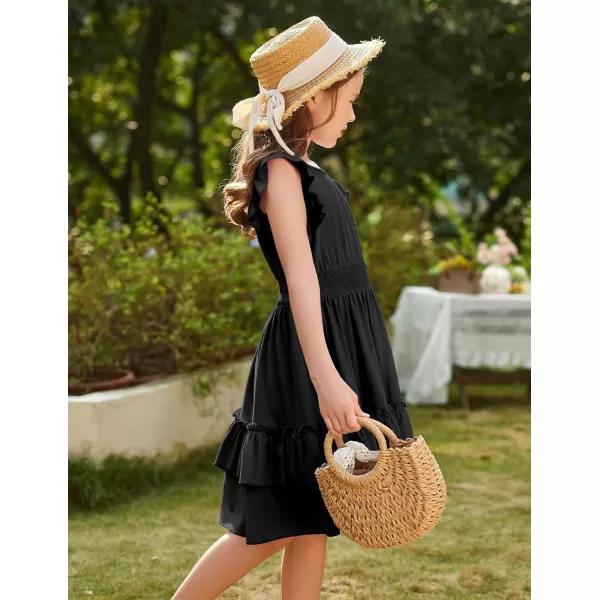 Arshiner Girls Dresses Flutter Sleeve A-Line Sundress Casual Summer Tiered Swing Midi Pocket Dress