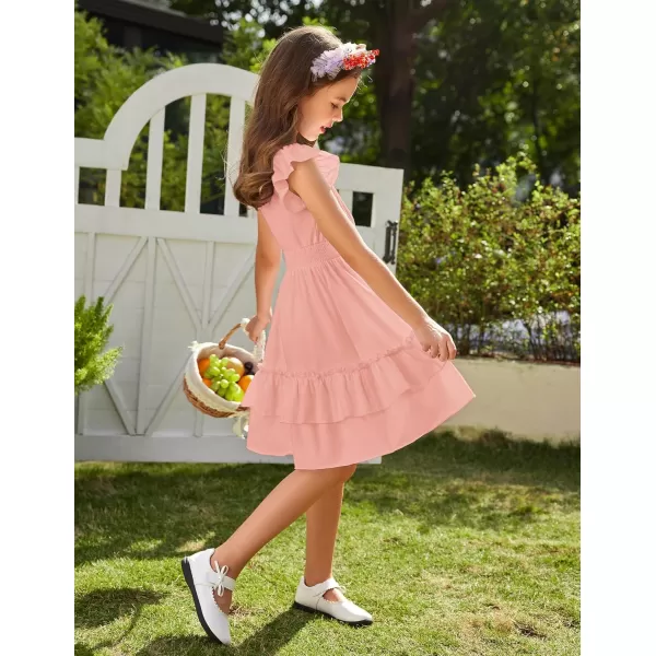 Arshiner Girls Dresses Flutter Sleeve A-Line Sundress Casual Summer Tiered Swing Midi Pocket Dress