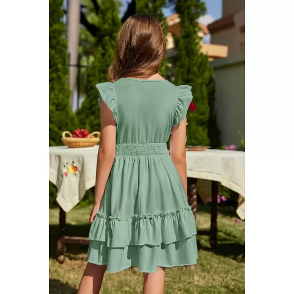 Arshiner Girls Dresses Flutter Sleeve A-Line Sundress Casual Summer Tiered Swing Midi Pocket Dress
