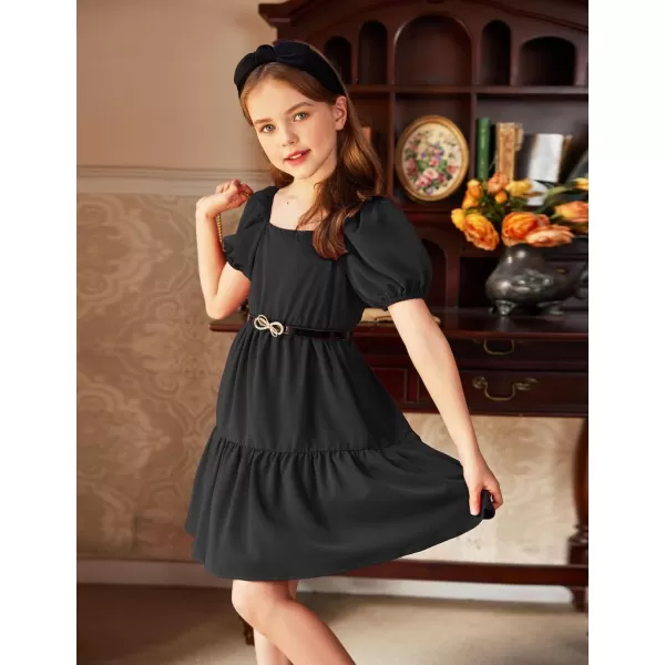 Arshiner Girls Dresses Short Sleeve Ruffle Chiffon Swing Smock Dress with Square Neck