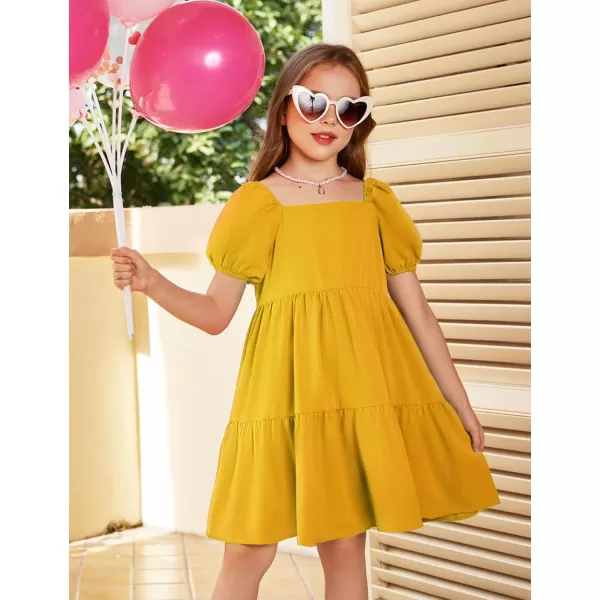Arshiner Girls Dresses Short Sleeve Ruffle Chiffon Swing Smock Dress with Square Neck