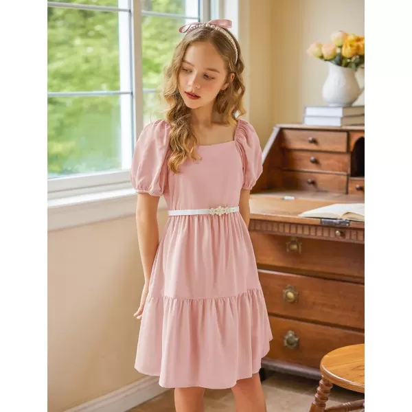 Arshiner Girls Dresses Short Sleeve Ruffle Chiffon Swing Smock Dress with Square Neck