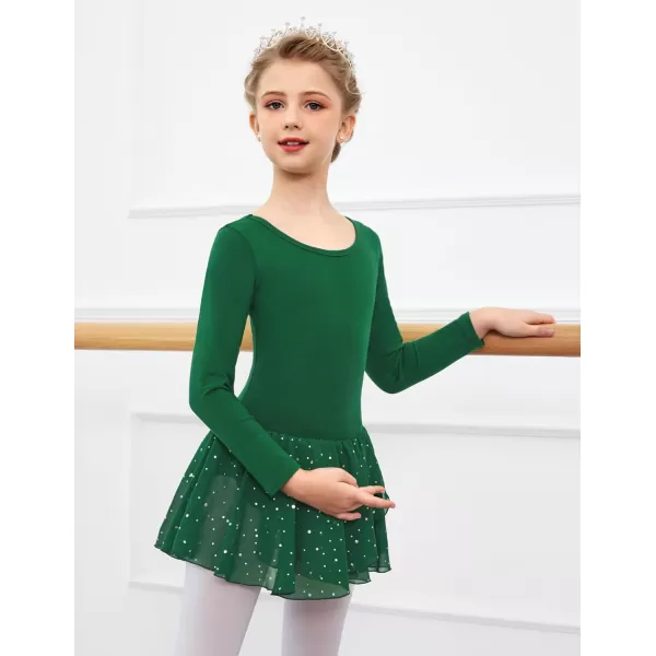 Arshiner Girls Long Sleeve Ballet Leotards with Skirt Kids Hollow Back Shiny Dance Dresses
