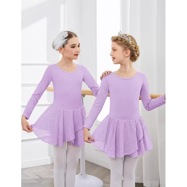 Arshiner Girls Long Sleeve Ballet Leotards with Skirt Kids Hollow Back Shiny Dance Dresses
