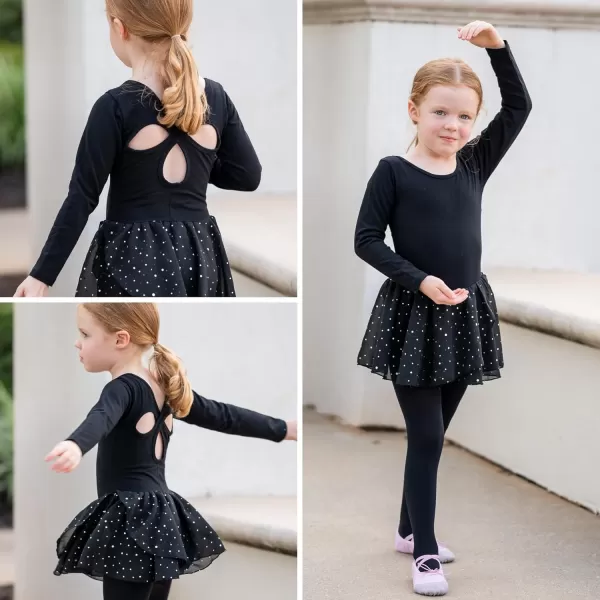 Arshiner Girls Long Sleeve Ballet Leotards with Skirt Kids Hollow Back Shiny Dance Dresses