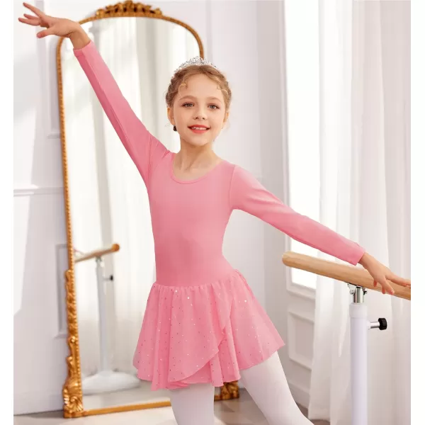 Arshiner Girls Long Sleeve Ballet Leotards with Skirt Kids Hollow Back Shiny Dance Dresses