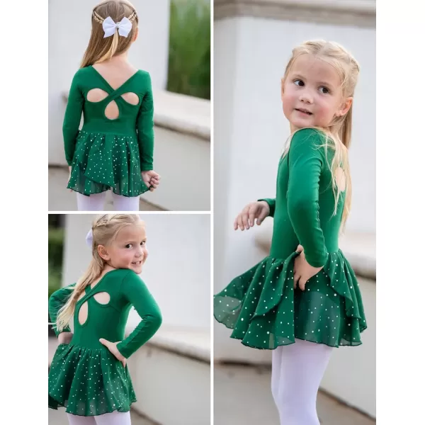 Arshiner Girls Long Sleeve Ballet Leotards with Skirt Kids Hollow Back Shiny Dance Dresses