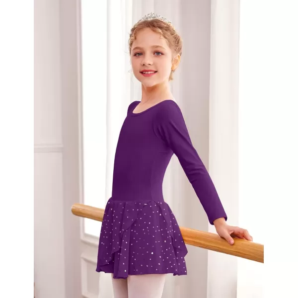 Arshiner Girls Long Sleeve Ballet Leotards with Skirt Kids Hollow Back Shiny Dance Dresses