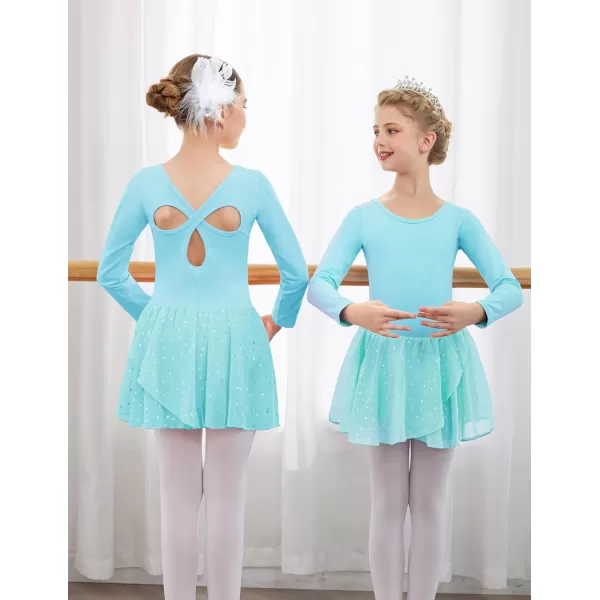 Arshiner Girls Long Sleeve Ballet Leotards with Skirt Kids Hollow Back Shiny Dance Dresses